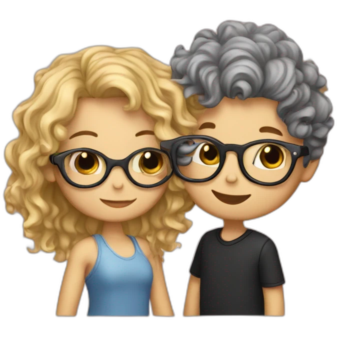 boy with curly blonde hair and glasses kissing girl with wavy black hair and glasses emoji