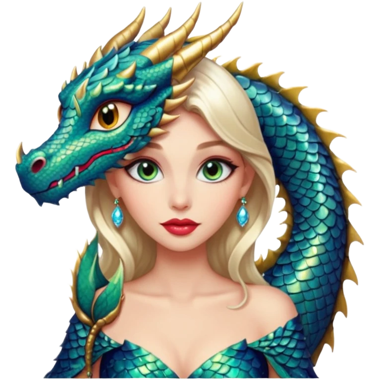 A gorgeous woman with dragon features with glittering jeweled scales covering her body. She has large almond shaped eyes, lush lips, and she wears a stunning luminescent gown. emoji
