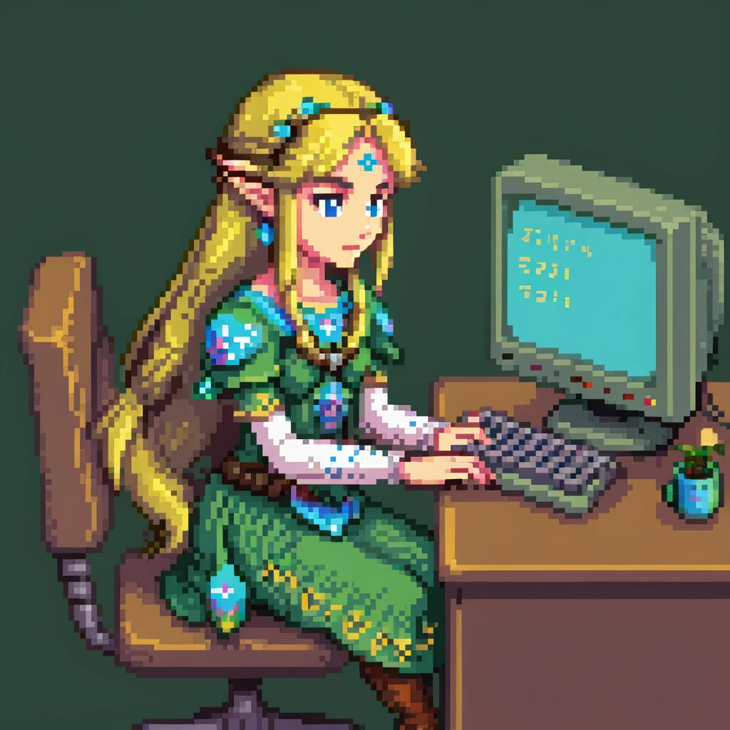 Princess Zelda sitting at computer typing code emoji