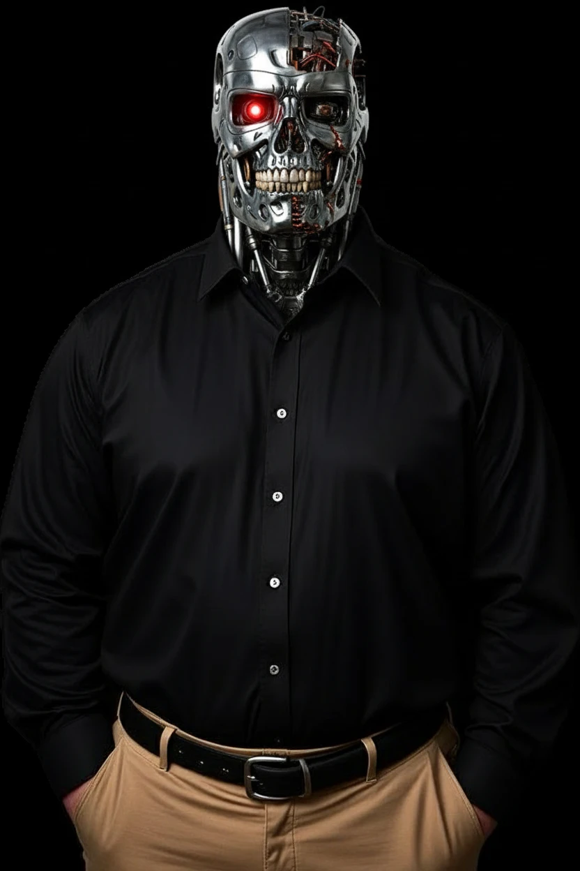 Turn this man into a realistic terminator as depicted in the movies, with part of the robotic structure showing in the face emoji
