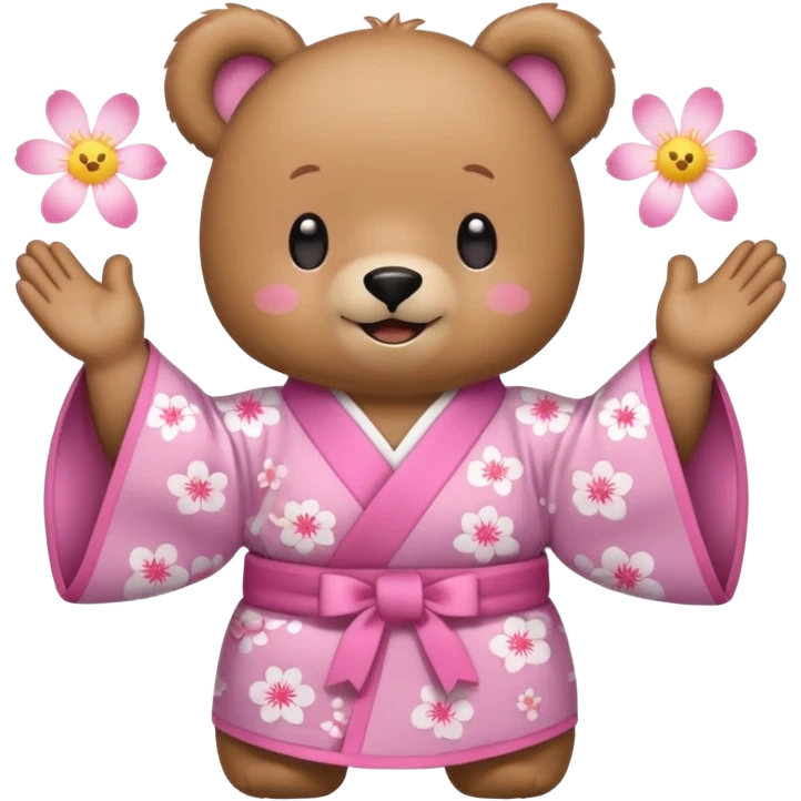 A cute light-brown bear wearing a pastel pink sakura-patterned kimono, normal balanced body ratio.  
Clapping hands cheerfully with a big bright smile and small spark effects around.  
Kawaii emoji style, minimalistic clean sticker illustration, white background.
 emoji