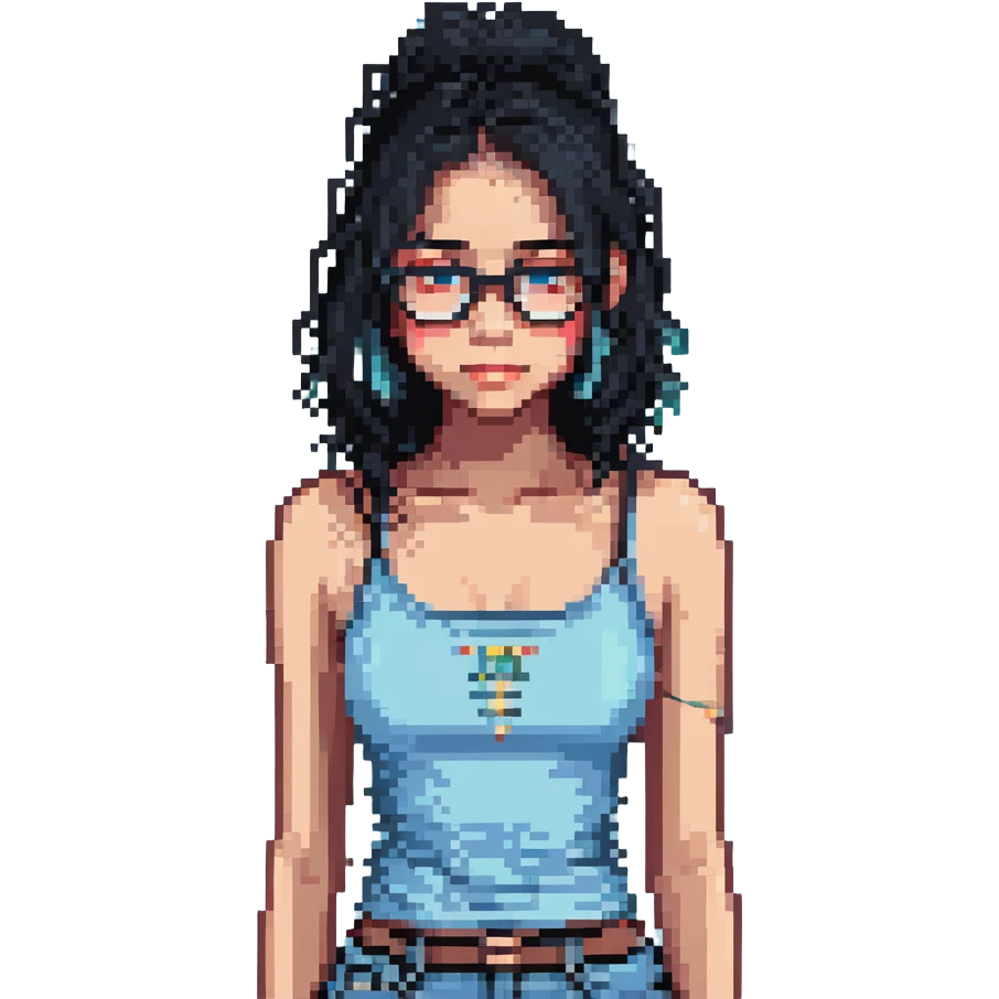 light brown girl with long eyelashes, black medium hair, clear glasses, cute light blue tank top with spaghetti straps, pixel art style emoji