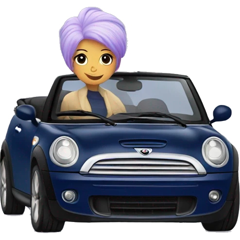 navy blue convertible Mini Cooper, with short, lilac colored haired woman driving emoji