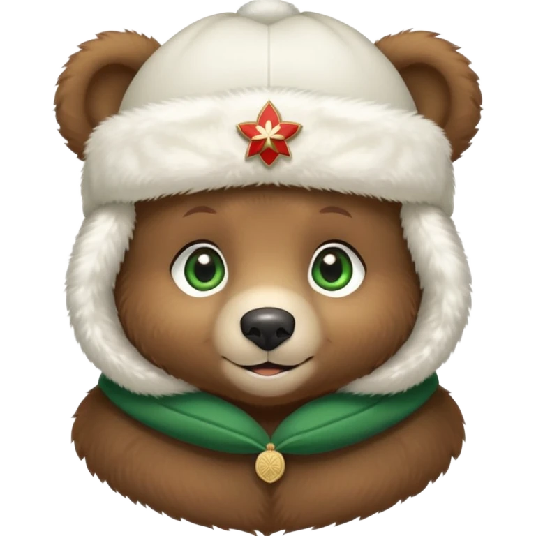 Adorable brown bear cub with innocent green eyes and gentle smile, pure white fluffy ushanka hat with prominent Russian Federation emblem, iOS emoji style emoji