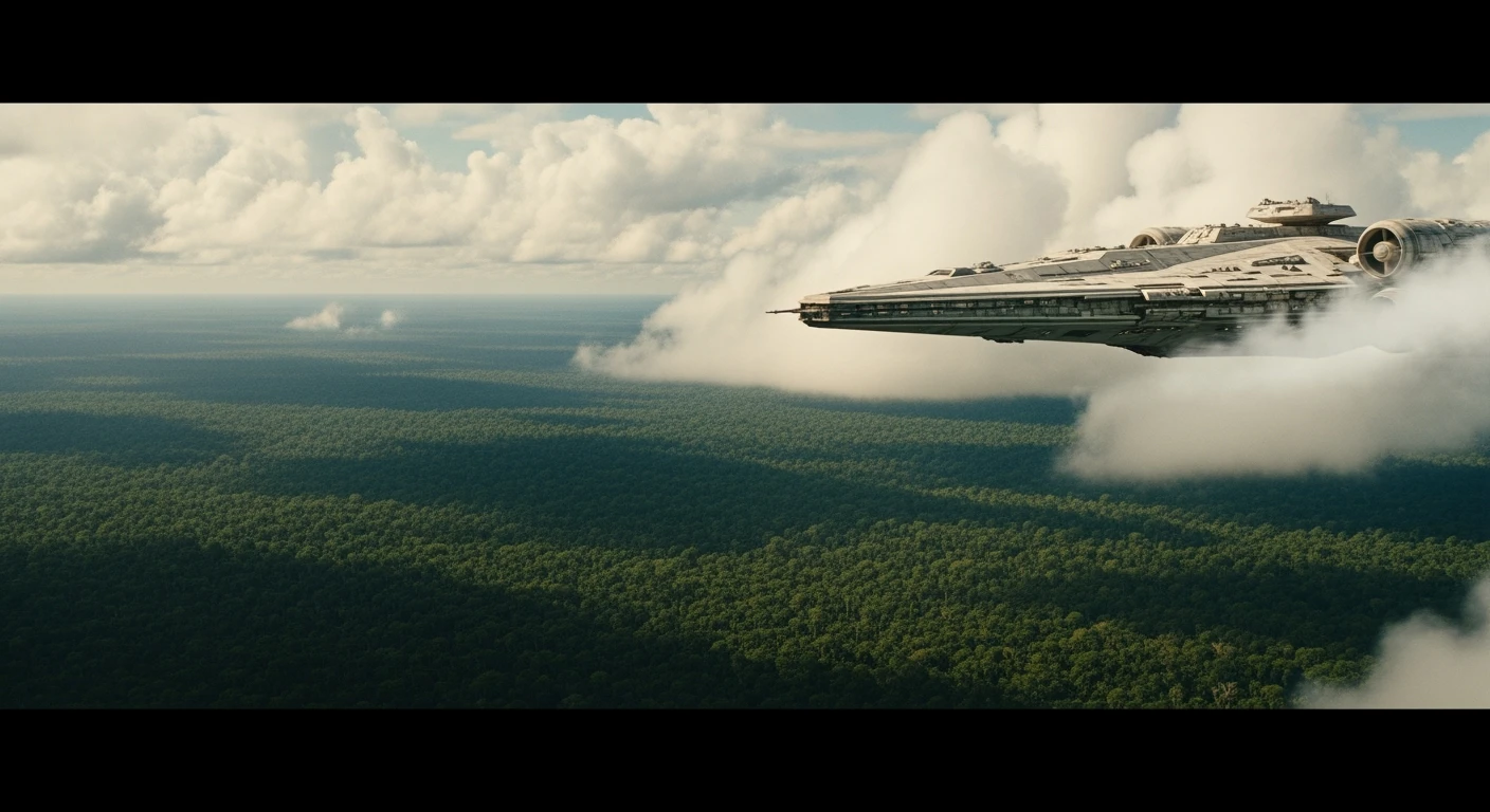 cinematic still, establishing shot, shot from top, amazon jungle from top,  starship around clouds, inspired by StarWars movie, captured by arri alexa emoji