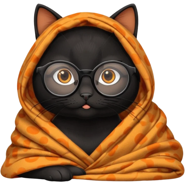 Black female cat on computer, long eyelashes, straight black hair, round glasses and she wears a blanket with an orange pattern emoji