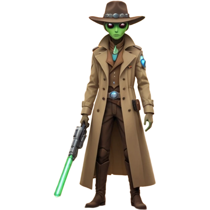 A tall alien cowboy standing in a dusty desert on an alien planet, wearing a futuristic cowboy hat and long trench coat, glowing eyes, twin plasma revolvers on his belt, dramatic sunset, cinematic lighting, ultra realistic, high detail, epic sci-fi western atmosphere

 emoji