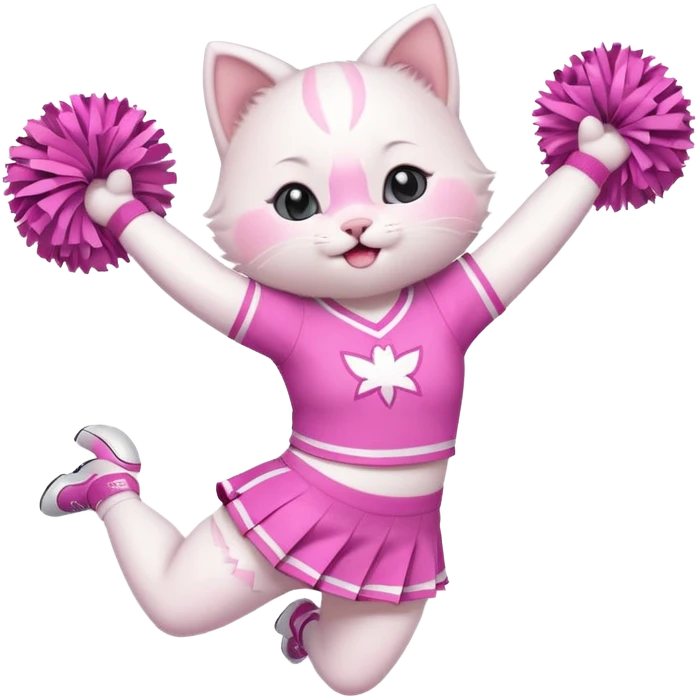 A cute chubby white kitten cheerleader in pastel uniform jumping in cheer pose. emoji