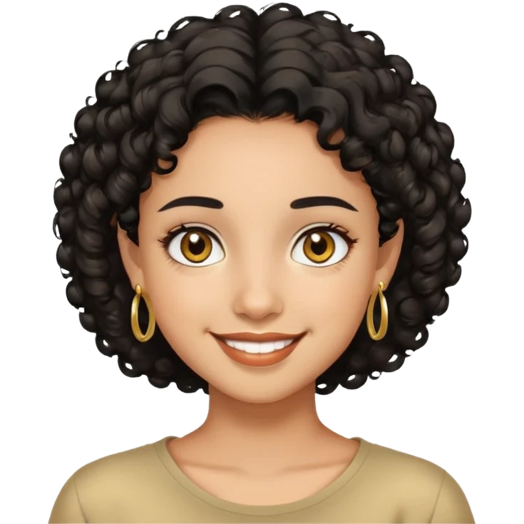 Girl showing happiness, medium skin tone, short curly black hair, gold earrings, hazel eyes emoji