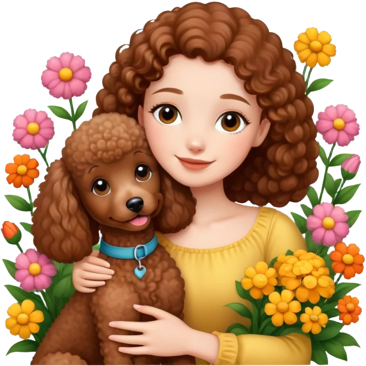 A beautiful girl happily hugs a brown poodle in the flowers emoji