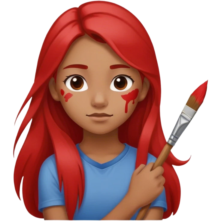 Generate an image of a teen girl half body with long hair and red paint on her left cheek and a paintbrush on left ear and arms fold emoji