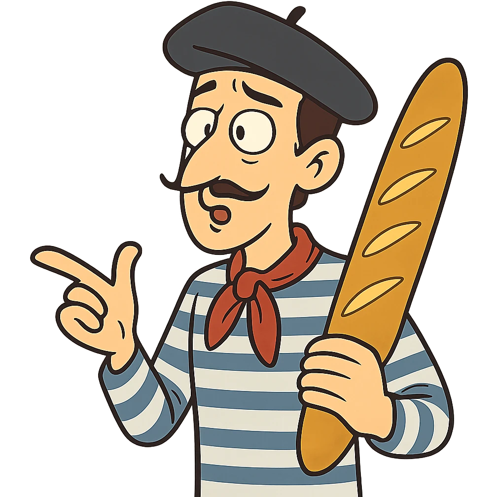 flat toon style French man with blue and white striped shirt, black beret, holding a baguette emoji