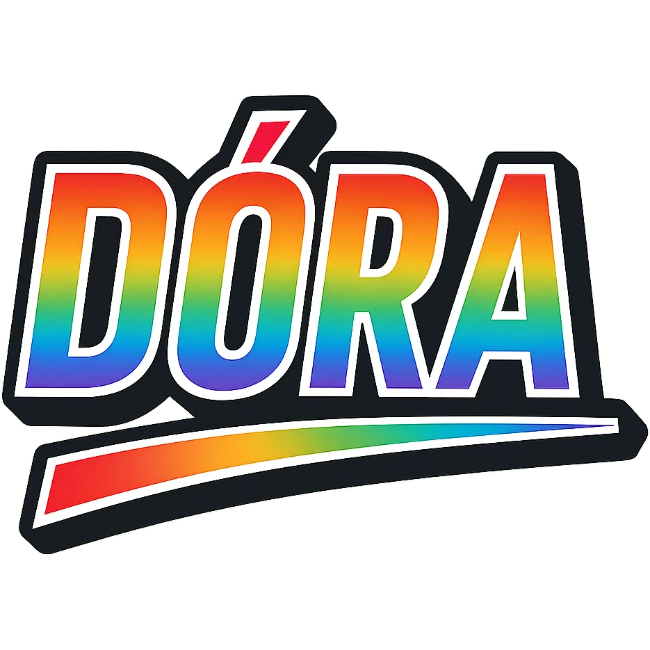 The name 'Dóra' in modern, precise Hungarian letters with a rainbow gradient fill, extra thick white outline, dark contour, transparent background, dynamic and slanted underline, in the style of the sample images. emoji