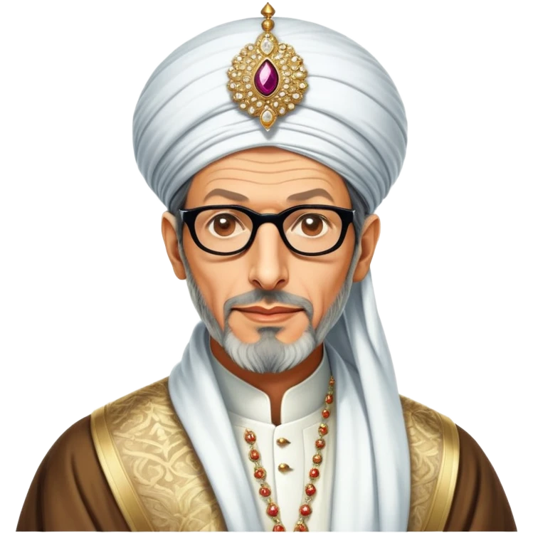Jeff Goldblum no glasses as a regal portrait dressed as suleiman-the-magnificent,-depicted-as-a-regal-ottoman-sultan-adorned-with-a-large,-white,-round,-tall-turban-and-a-majestic-grey-beard,-his-commanding-gaze-bathed-in-warm,-historic-lighting-that-exudes-timel emoji