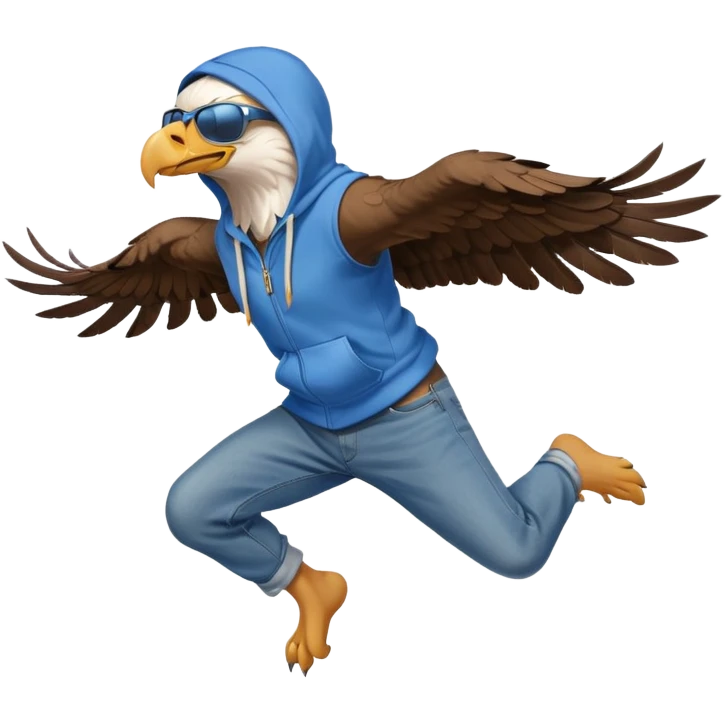 friendly anthropomorphised eagle with arms in a hoodie and jeans with sunglasses leaping, energetic pose emoji