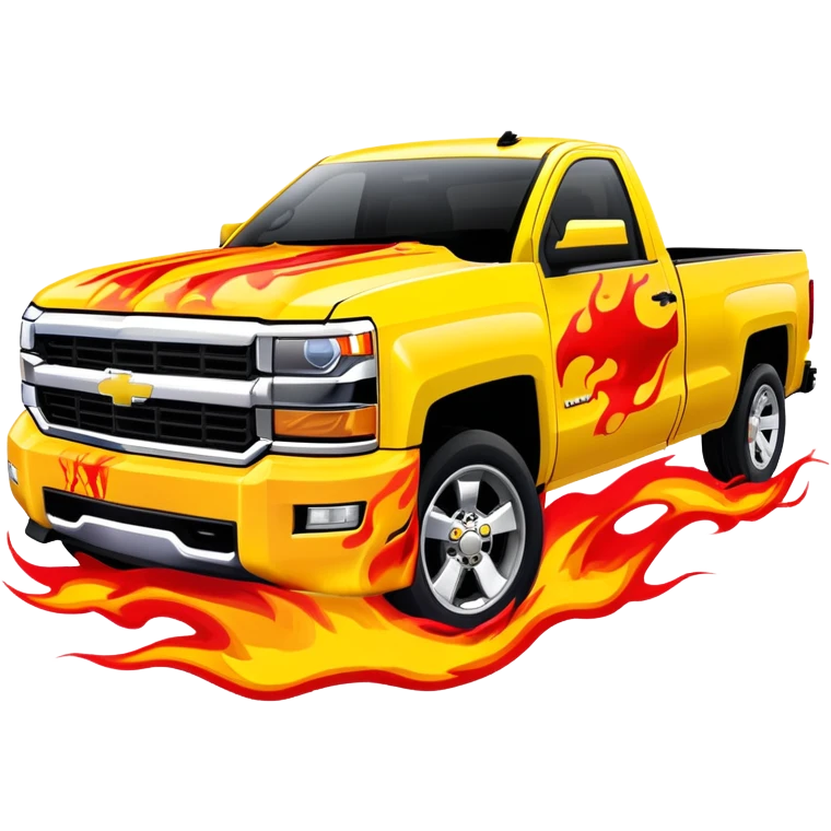 Yellow Chevrolet Silverado with elaborate airbrushed red flame pattern on hood and front quarter panels, screen-accurate Kill Bill truck artwork, 30-degree angle, iOS emoji style emoji