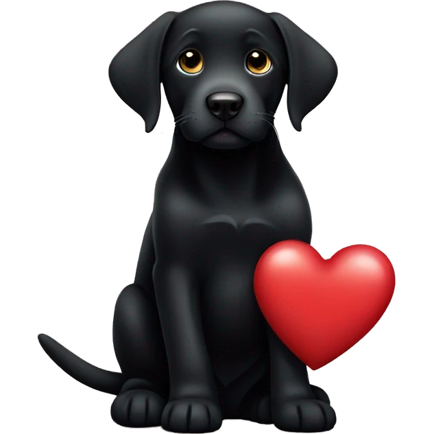 sitting black labrador puppy is holding a heart emoji