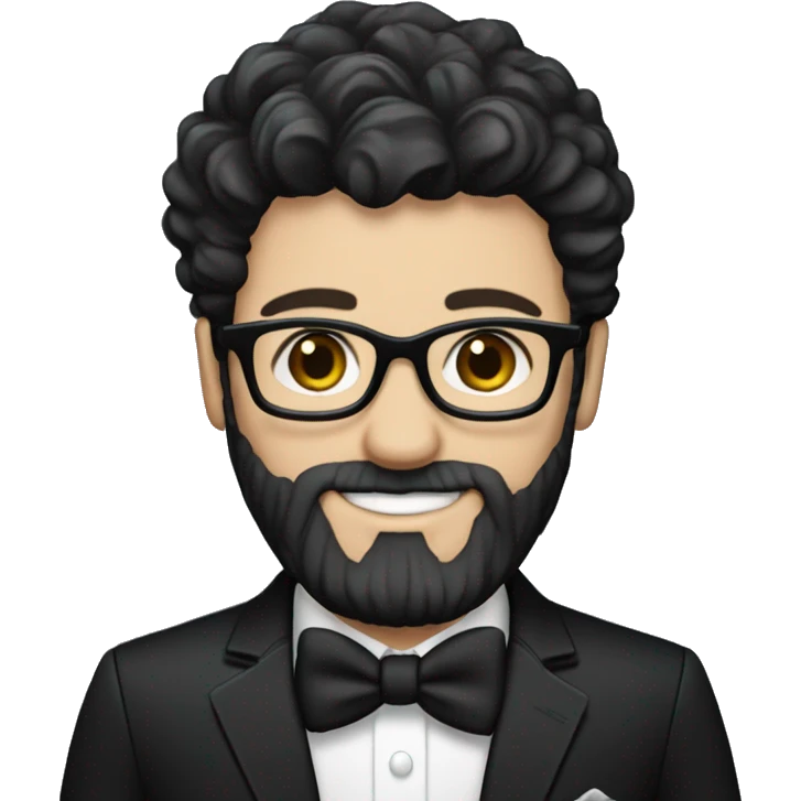 Groom with dark scruffy hair and beard and glasses pale skin and black tux emoji