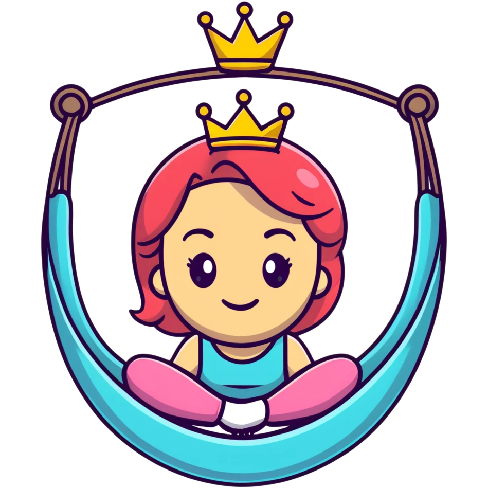 cartoon emoji of a glamorous girl with a crown, strong outline, expressive face, vibrant colors, subtle Leo accent, silly expression, hint of yoga hammock, stars, bold and playful emoji