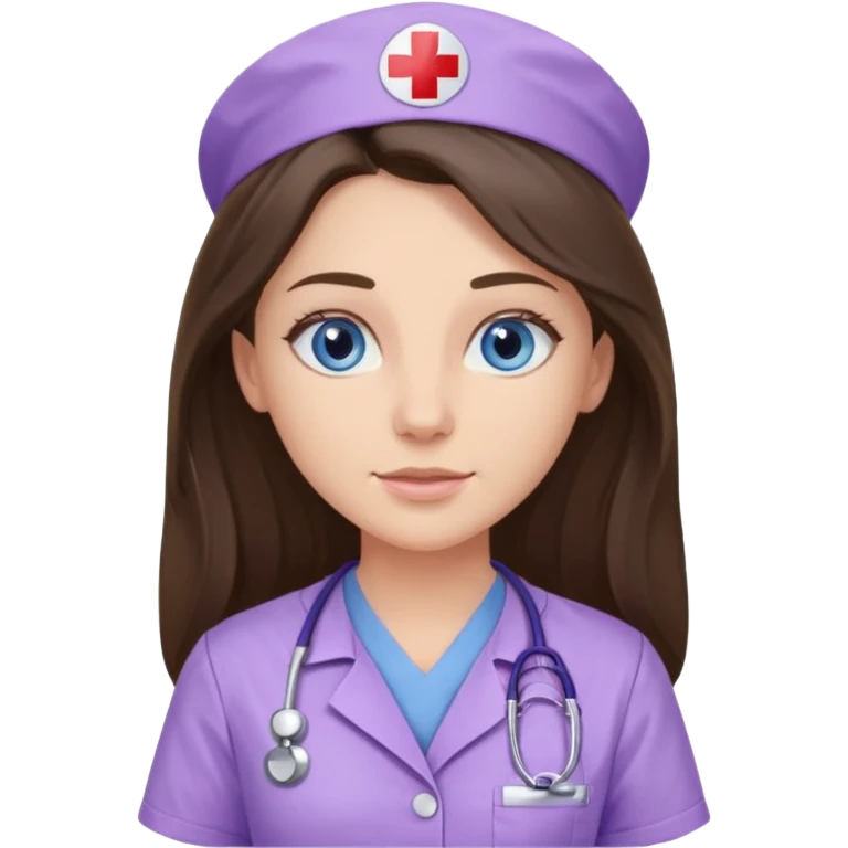 pretty brunette nurse with long hair and blue eyes in lilac scrubs emoji