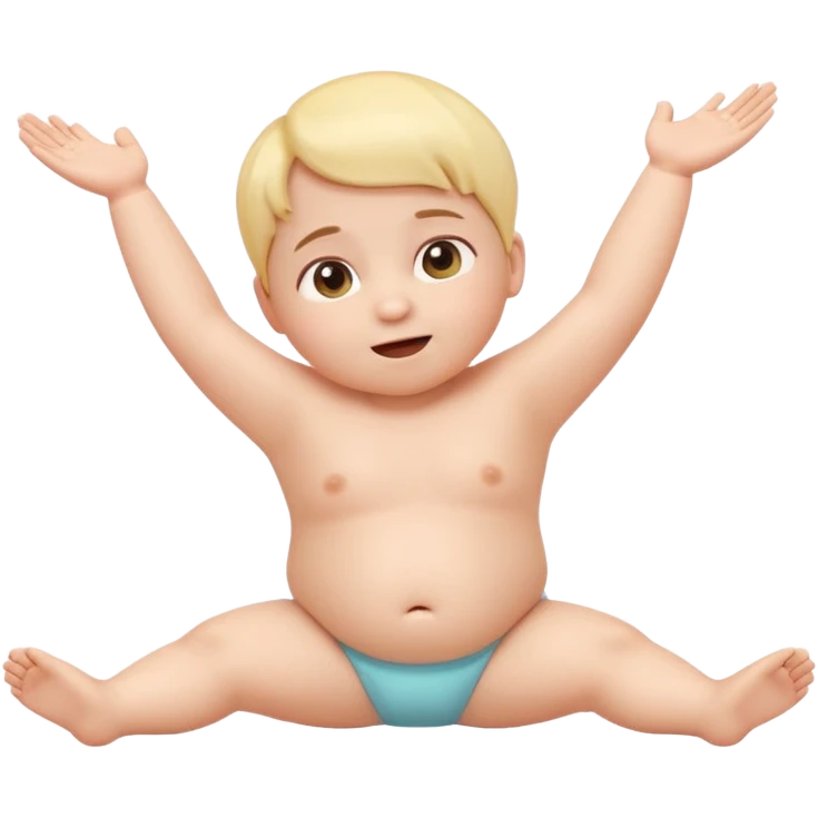 Cute 3D baby emoji with fine baby hair, stretching arms and legs wide, lying down surprised but neutral expression, relaxed posture, chubby infant proportions, pastel colors, clean background, emoji-style illustration emoji