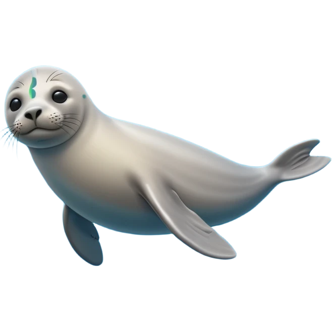 A 3D cartoon seal swimming with visible flippers, calm blue water, soft sunlight, Memoji-style realism. emoji