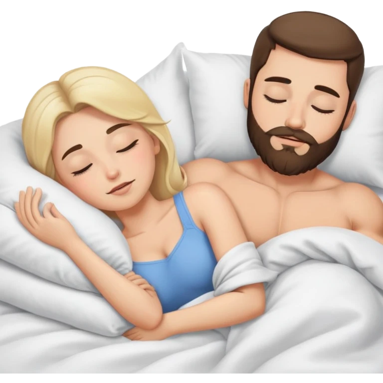 Brunette women sleeping in bed on white muscular blonde man with beard emoji