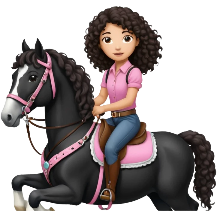 Realistic mixed race girl with long dark brown curly hair, riding a big black and white draft horse, wearing pink harness and saddle  emoji
