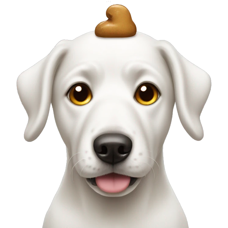 white dog wearing poop emoji on head emoji