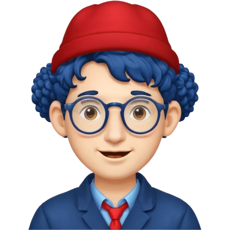 dark blue haired man curly hair with big ears and red earrings and spectacles happy and hat wearing emoji