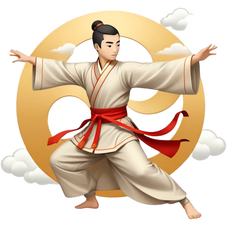 Emblem symbolizing Wushu martial arts. A graceful martial artist performs a dynamic kung fu pose, with flowing movements and a long, elegant robe. The background features stylized clouds and traditional Chinese symbols, representing fluidity, balance, and precision. Transparent background. emoji