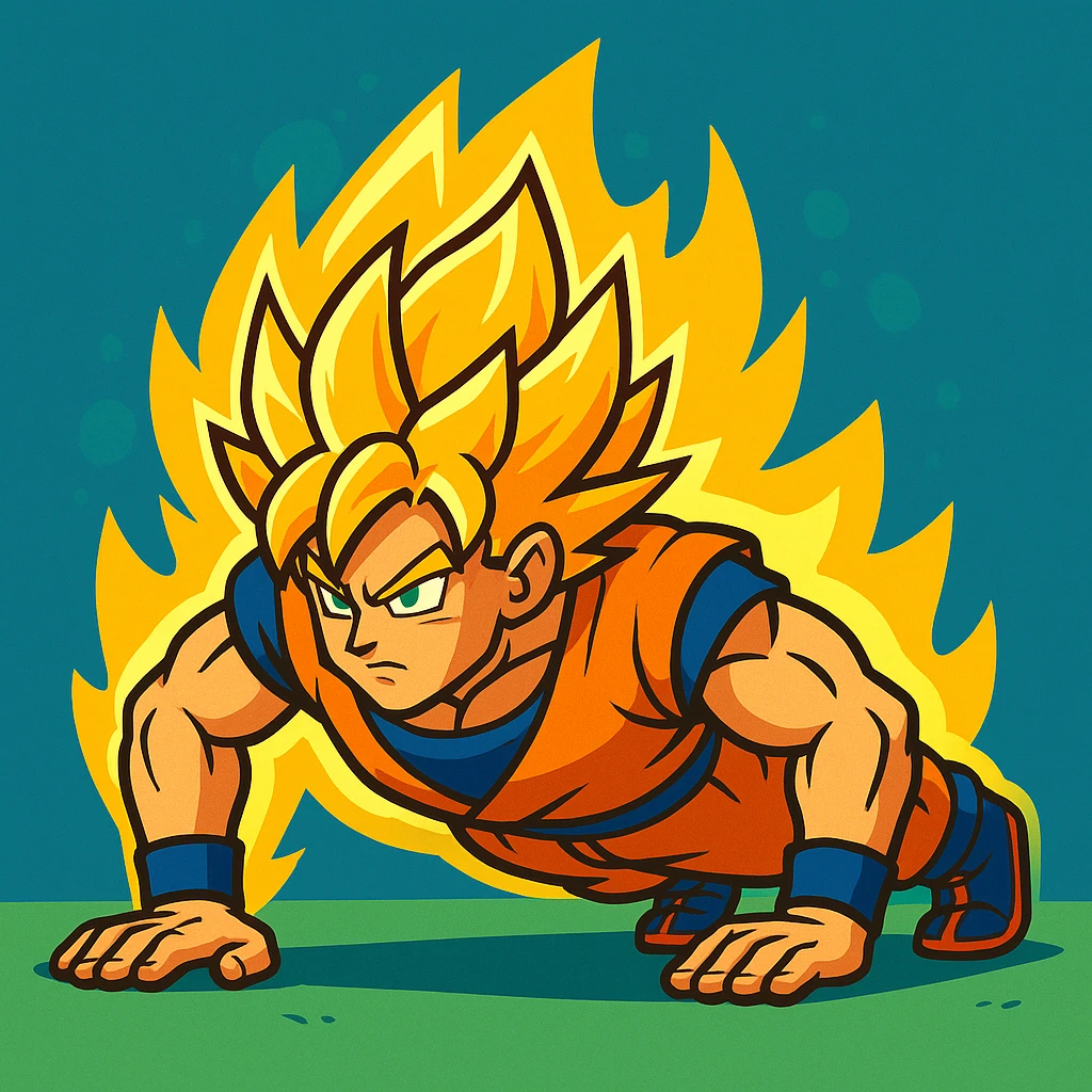 Goku from Dragon Ball Z doing push ups as Super Saiyan, vibrant cartoon style, glowing golden hair and aura emoji