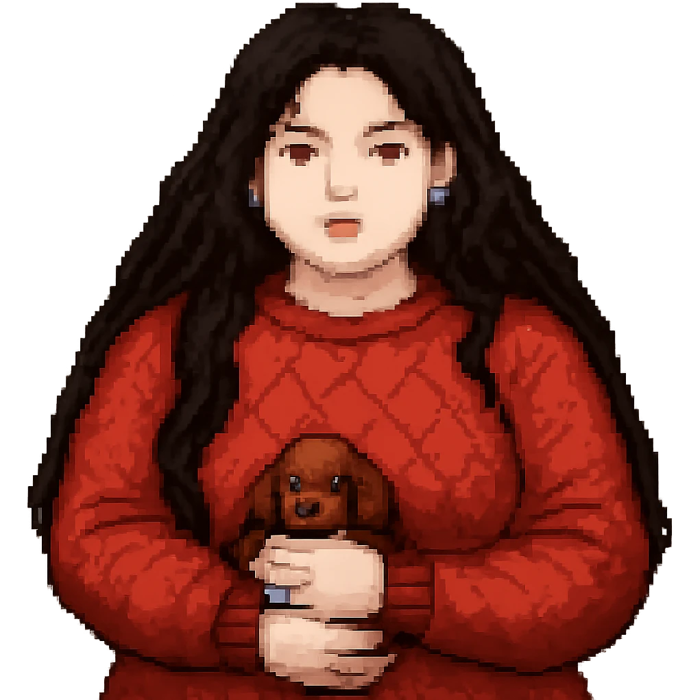 Make the woman's hair much darker and longer, reaching waist length, and increase her weight for a fuller figure, in pixel art style, with no background. emoji