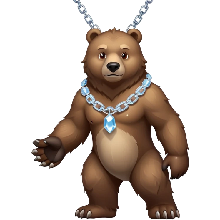 Fierce brown bear walking on four paws with an ice chain necklace, frozen chain links made of crystal clear ice, serious face emoji