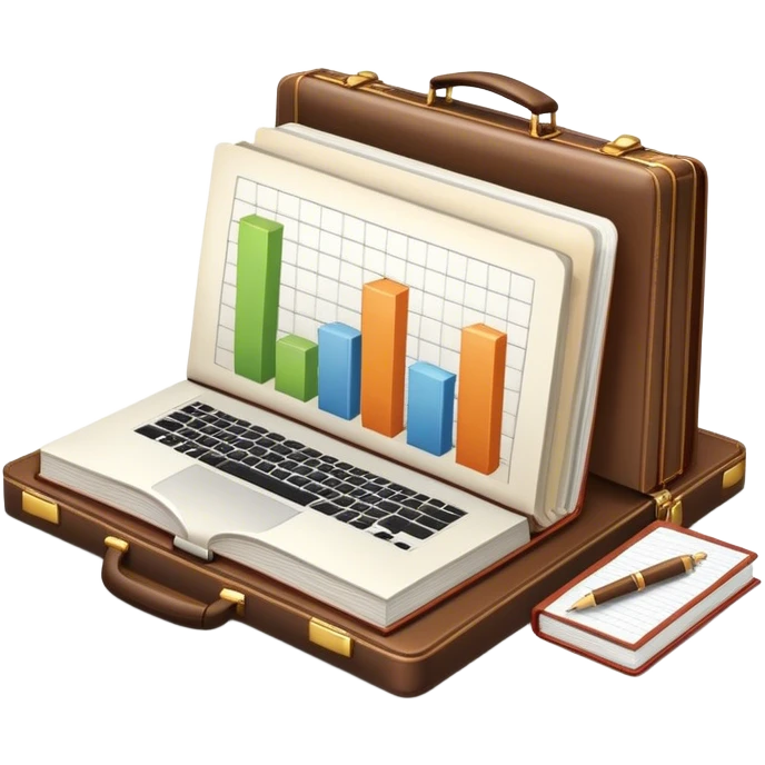 Icon for Business Reading: a prominent book at the forefront, with a briefcase, laptop, and notepad around it, along with a bar graph and symbolizing ideas and growth. The icon should represent the knowledge and strategy of business literature. Transparent background. emoji