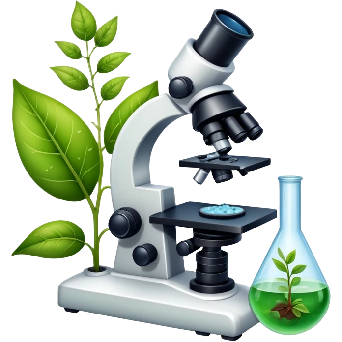 An icon featuring a microscope, a DNA strand, and a plant, symbolizing biology. The design includes animal cells, a leaf, and scientific formulas, representing the study of living organisms and ecosystems. Transparent background highlights biological research and discovery. emoji