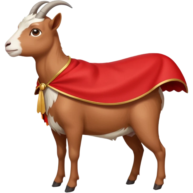 side view of white female goat wearing a read cape like superman emoji