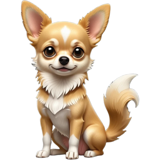 cinematic-[chihuahua dog]-realistic-full-body-sitting-emoji,-tail-resting-loosely-beside-its-paws,-head-tilted-dramatically,-scruffy-[black and tan and white]-fur,-simplified-yet-realistic-focused-features,-highly-detailed,-glowing-with-an-almost-sarcastic-glow emoji