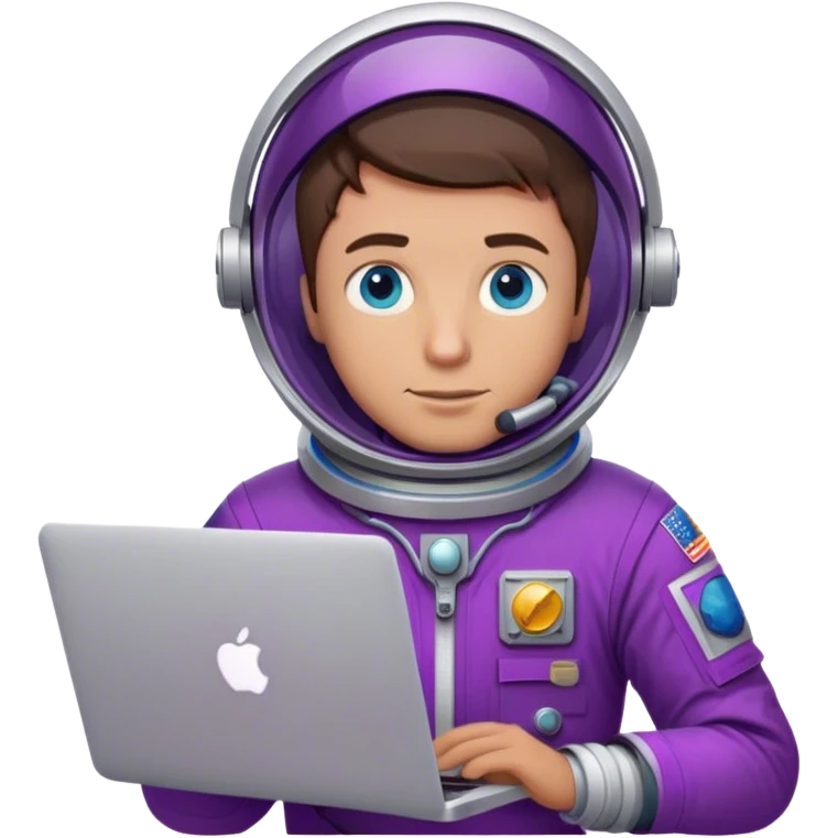 guy astronaut with purple suit, blue eyes, short brown hair and one macbook emoji