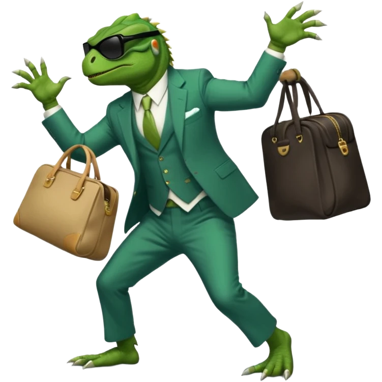 capitalist iguana banker godfather with black sunglasses breakdance with bag emoji