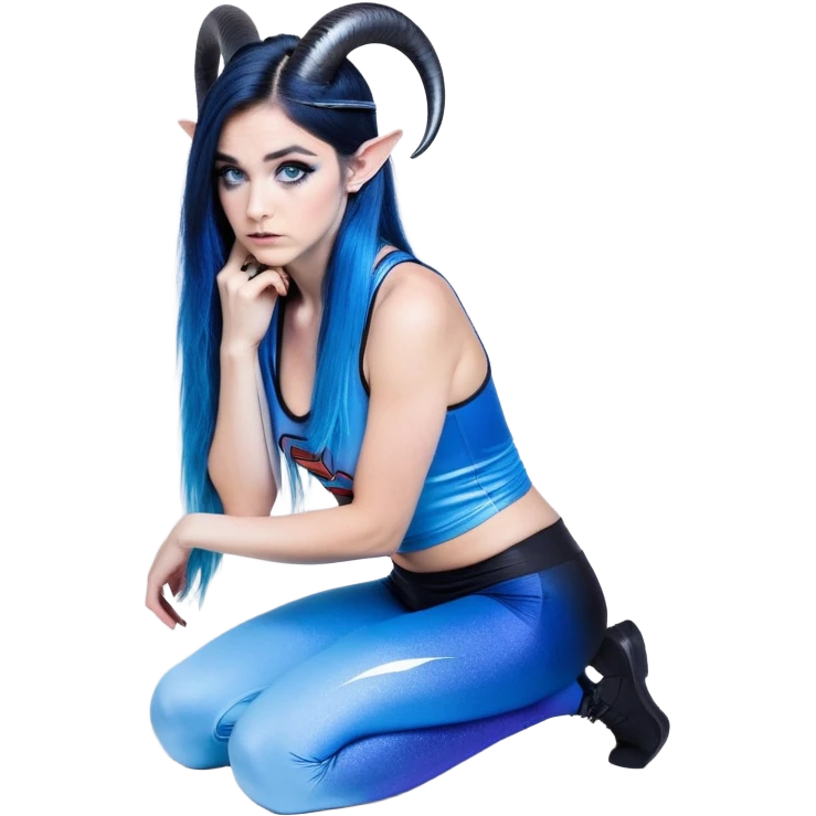 Disapponted-big tears-head back texting on phone-very very large upper body-sexy face-bending forward at waist-very long very straight dark blue to light blue ombre hair-and-blue eyes-thick black eyeliner-cute goat horns-iridescent blue lowcut tanktop with black leggings with glitter superman logo emoji