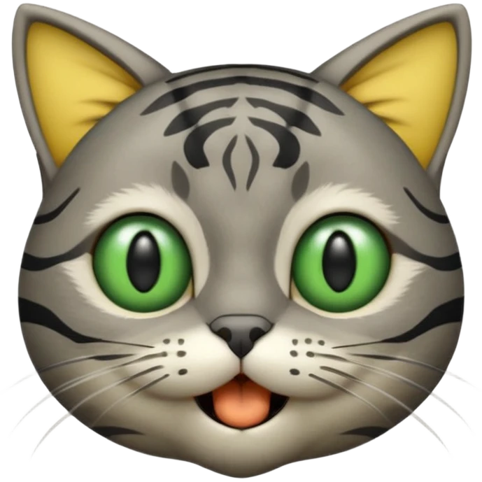 gray cat head with black stripes, large green eyes, big black pupils, mouth open, small solid yellow ball in mouth emoji