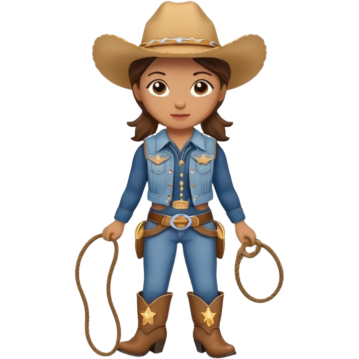 A cuddly cowgirl plush toy with denim vest, cowboy boots and a lasso emoji