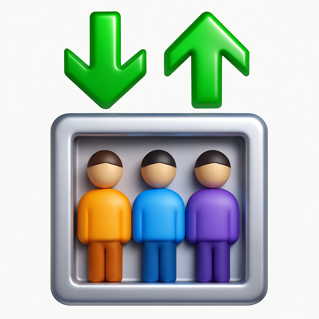 Convert this elevator icon to a 3D emoji style with a metallic silver elevator and green arrows, three people inside. The style should be glossy and vibrant, resembling Microsoft style 3D fluent emojis. emoji