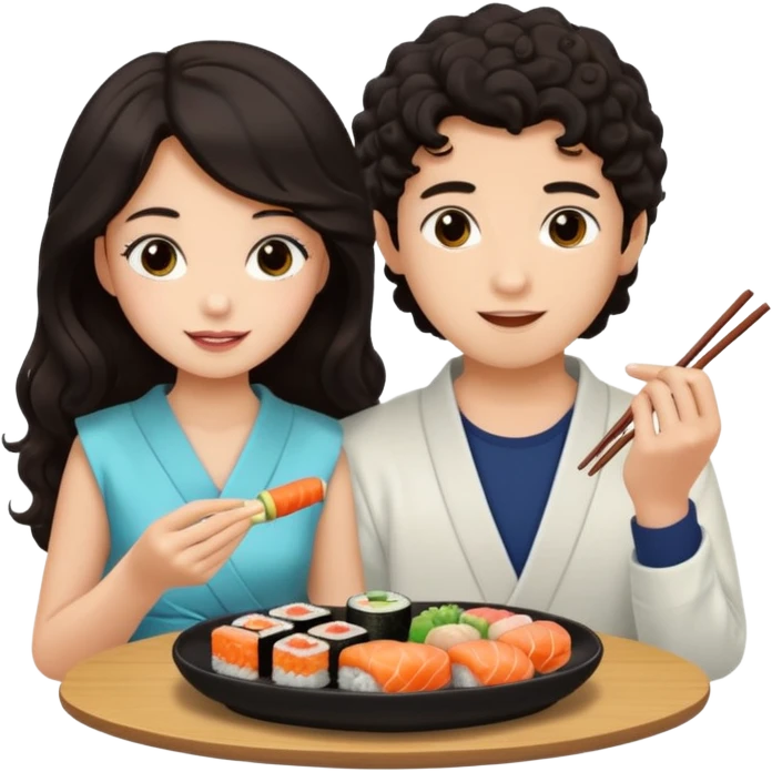 czarnowłosa ksieżniczka w dlugich wlosach je sushi z chłopakiem o czarno brązowych kręconych włosach i są zadowoleni i są nastolatkami i te włosy są lekko krecone emoji