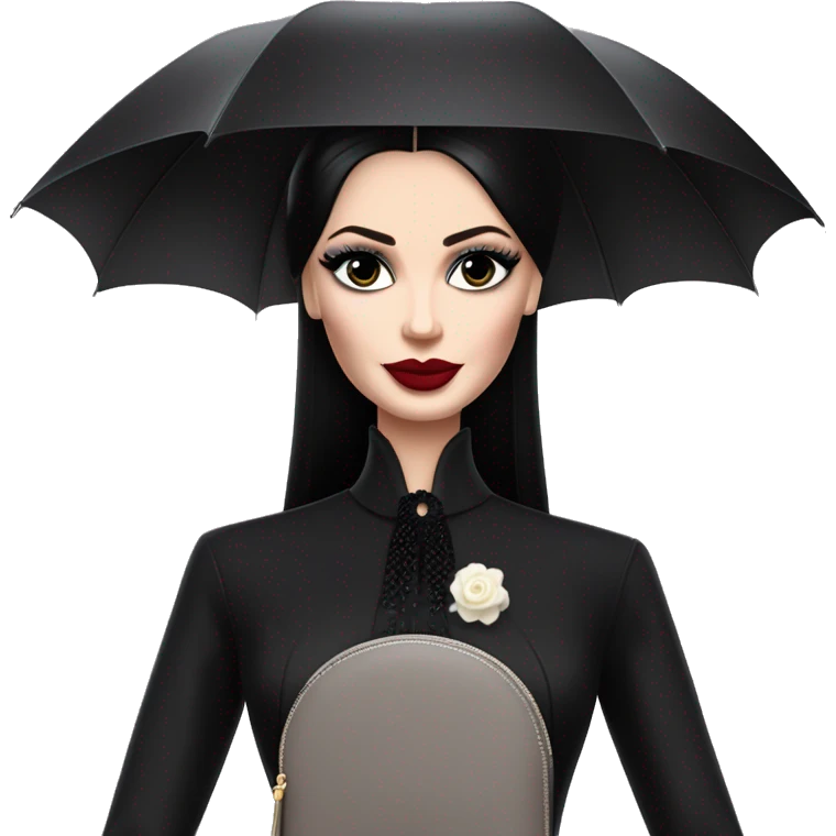 Parisienne Pretty Barbie Morticia Addams at a rainy funeral under umbrella, accessories gloves carrying clutch  emoji