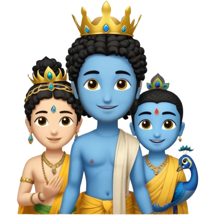 Create a Jesus, Krishna, and Buddha standing together. Krishna: bright blue skin, black curly hair tied in a small topknot, a tiny golden crown decorated with a peacock feather, wearing a yellow dhoti and light golden jewelry

 emoji