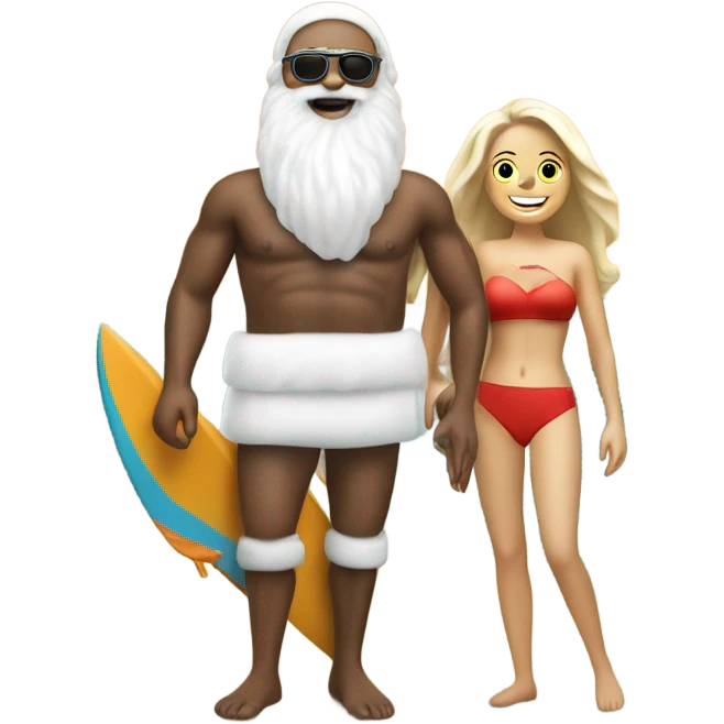 Santa a white man, traditional at the beach with a swim top for women on a surf board, wearing a woman’s swim top. Make him also flamboyant with a big white beard emoji