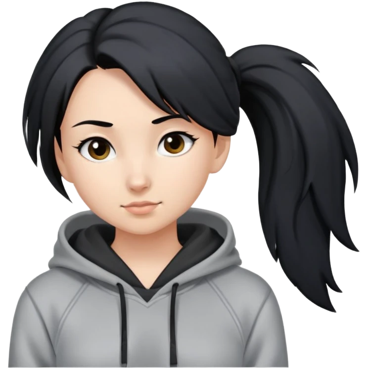A girl in a grey hoodie and a black hair in a pony tail emoji
