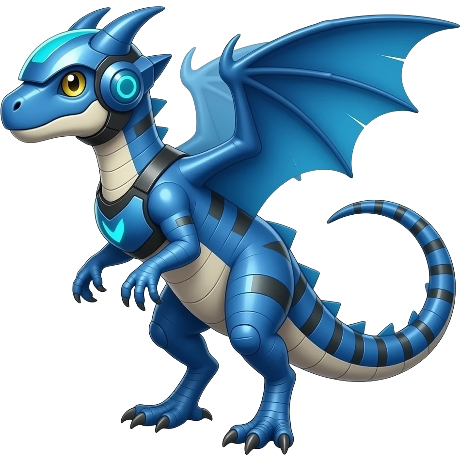 a shiny blue Genesect-Flygon-Raptor-Fakémon—hybrid with a futuristic visor-helmet full body emoji